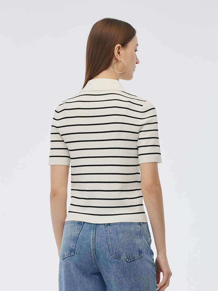 Tencel Stripe Women Short Sleeve Cardigan