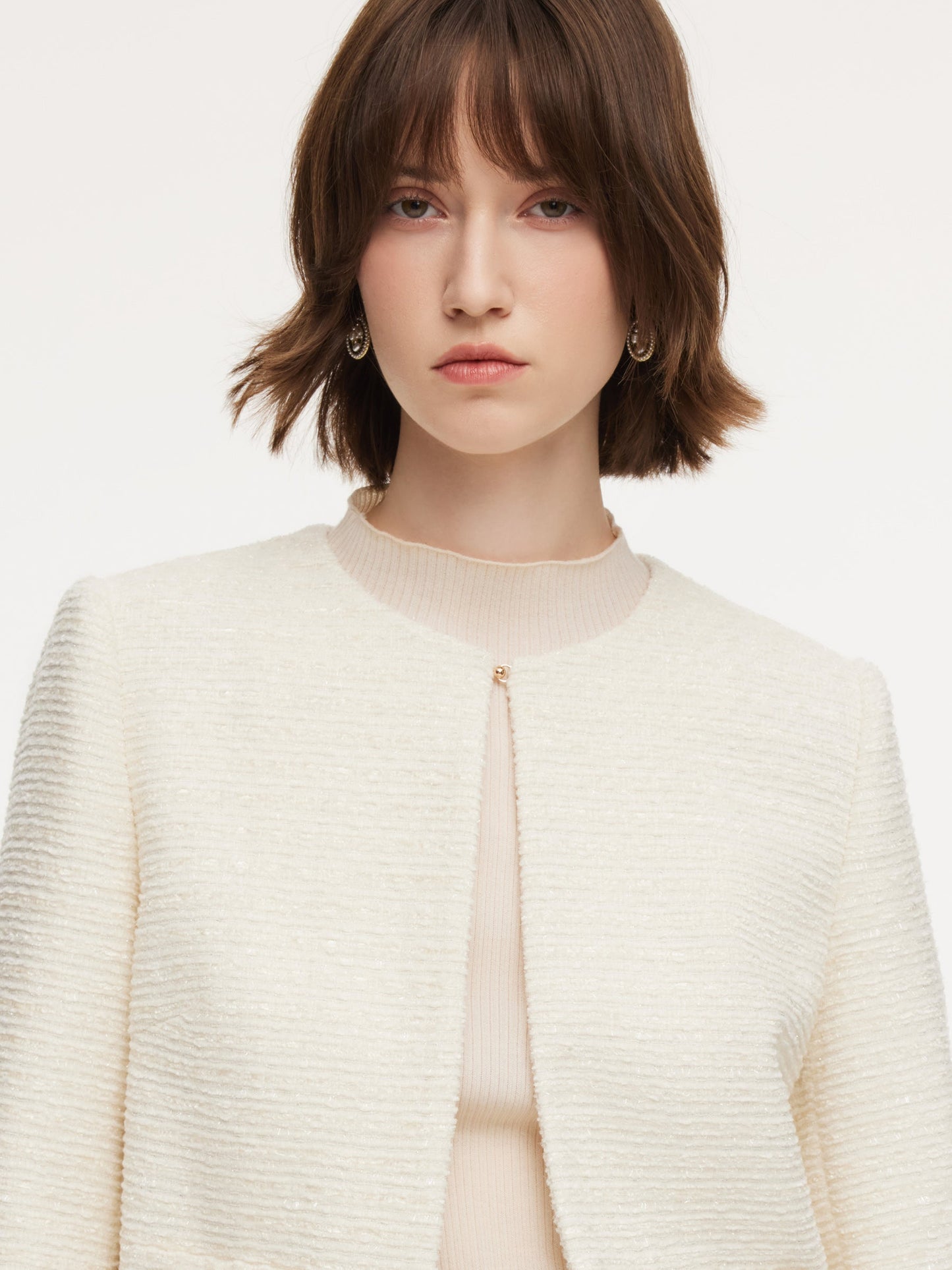 Tweed Round Neck Frayed Hem Women Cropped Jacket