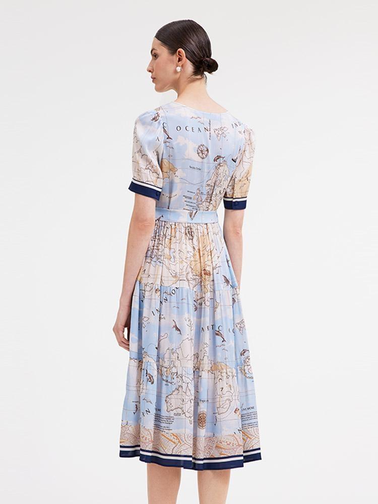 19 Momme Silk Map Print Midi Dress