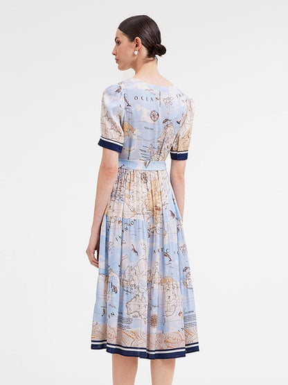 19 Momme Silk Map Print Midi Dress