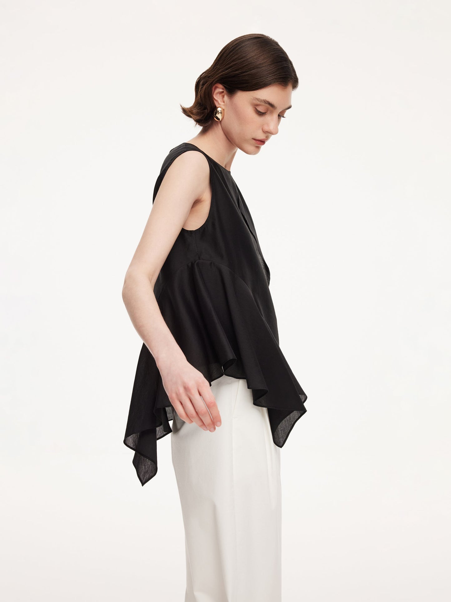 Lyocell Blend Black Ruffle-Detailing Women Tank Top