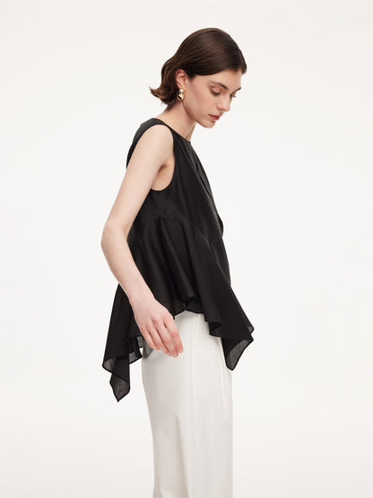 Lyocell Blend Black Ruffle-Detailing Women Tank Top