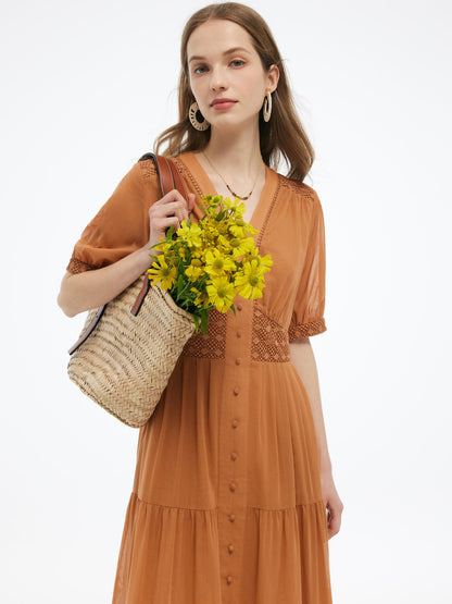 100% Cotton Patchwork Lace Embroidered Women Maxi Dress