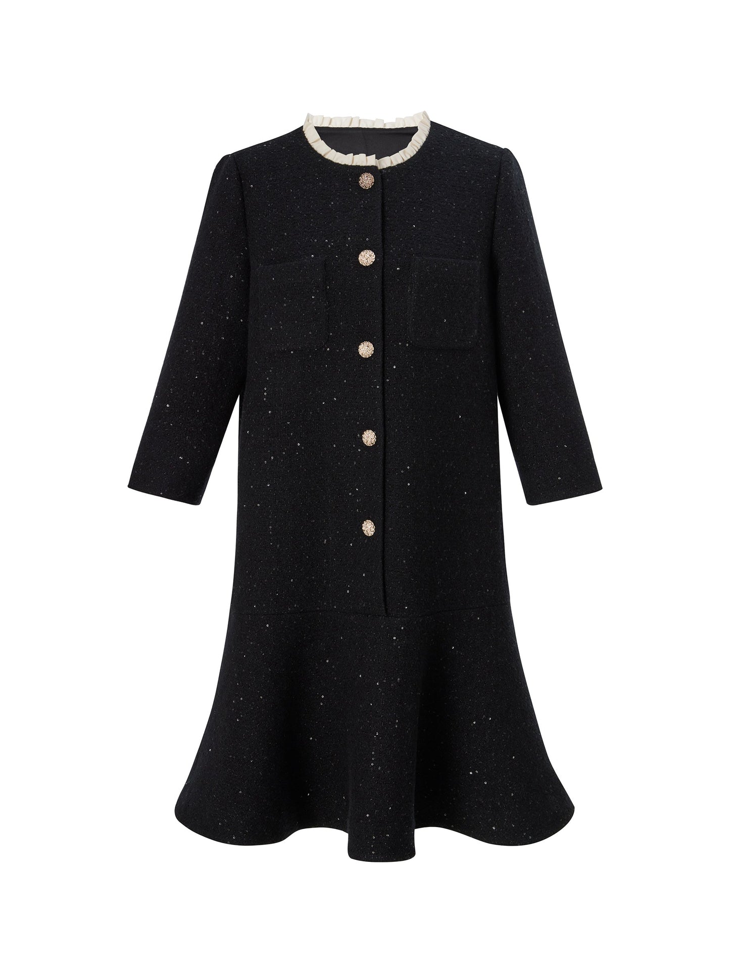 Wool Blend Sequins Ruffle Hem Women A-Line Mini Dress