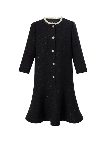 Wool Blend Sequins Ruffle Hem Women A-Line Mini Dress