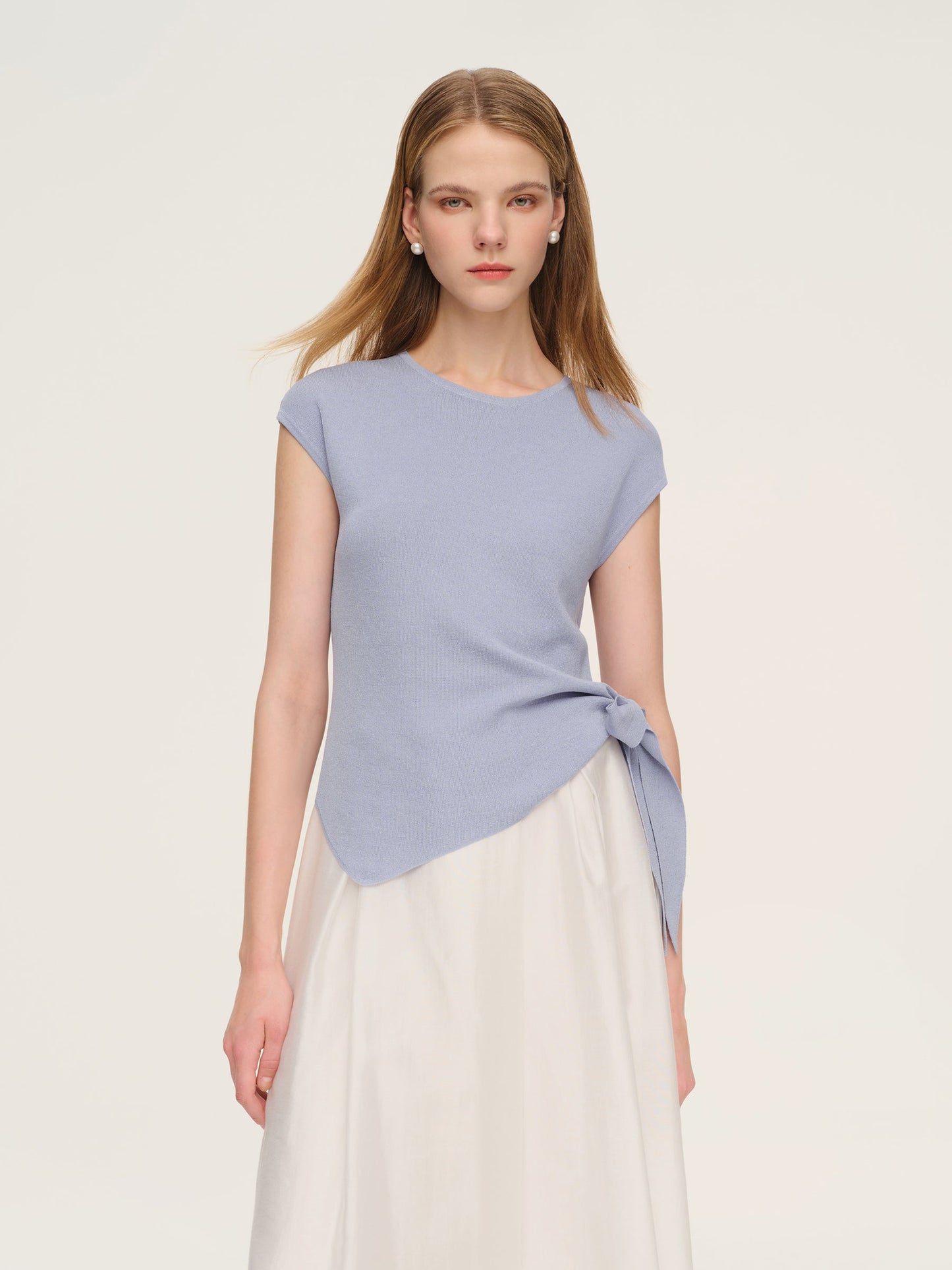 Tencel Blend Asymmetrical Hem Women Knit Top With Ribbon