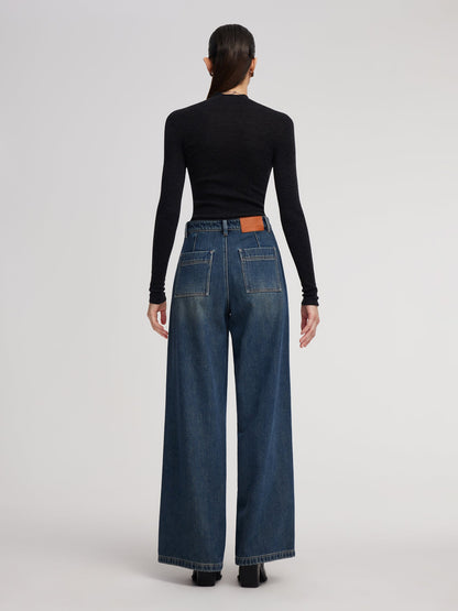 100% Cotton Brushed Denim Straight Wide Leg Women Jeans