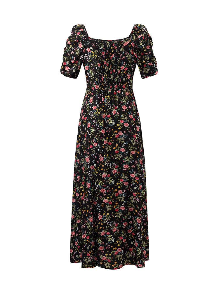 Mulberry Silk Rose Print Women Maxi Dress