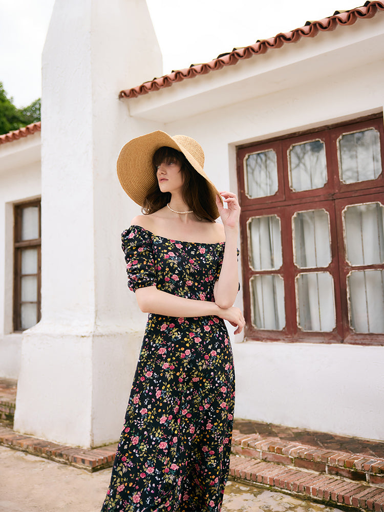 Mulberry Silk Rose Print Women Maxi Dress