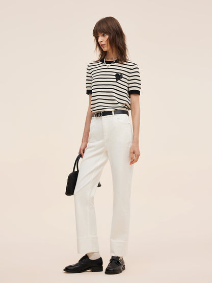 100% Cotton Stripe Women Openwork Knit T-Shirt