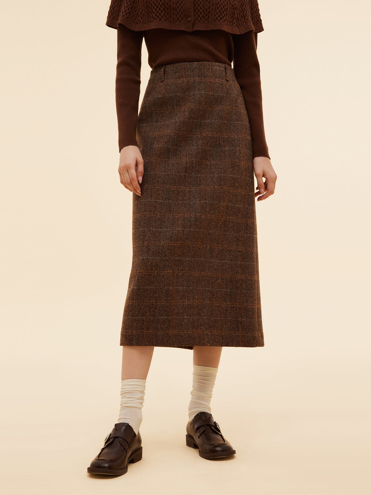 100% Wool Plaid Women Column Skirt