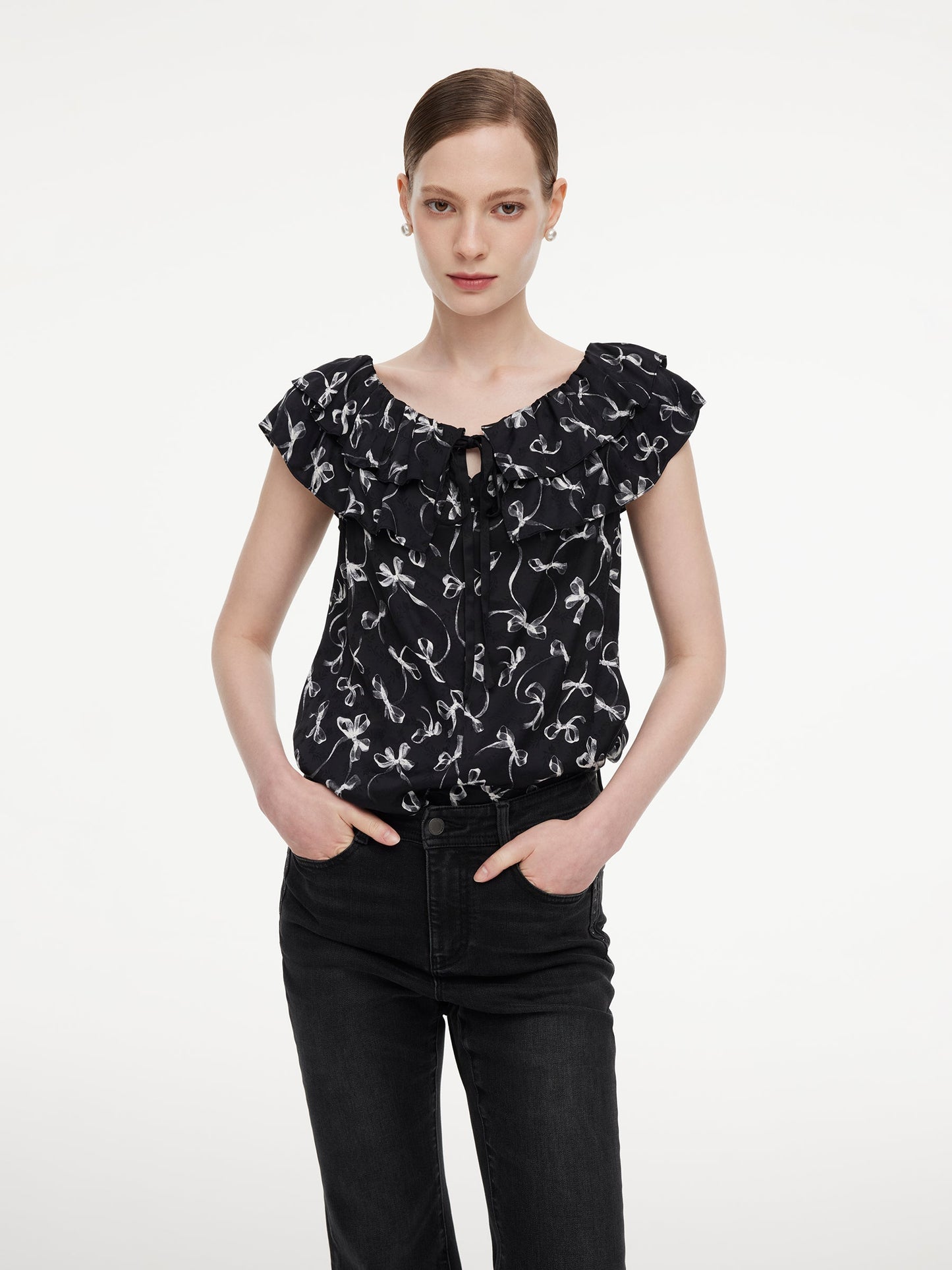 Jacquard Ribbon Print Tie Front Women Ruffle Blouse