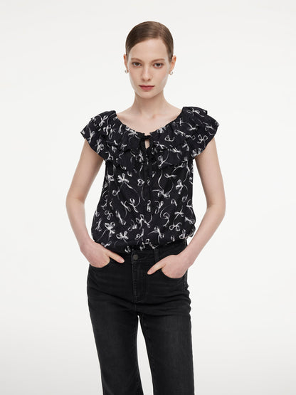 Jacquard Ribbon Print Tie Front Women Ruffle Blouse