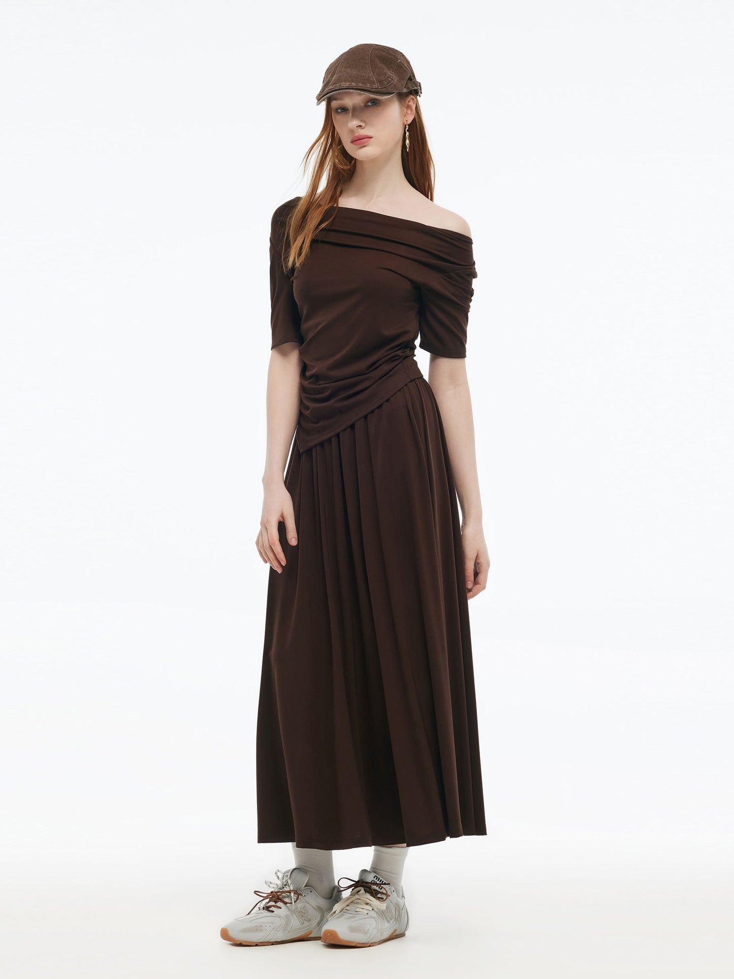 Tencel Blend Stretchy Knit Top And A-Line Skirt Two-Piece Set