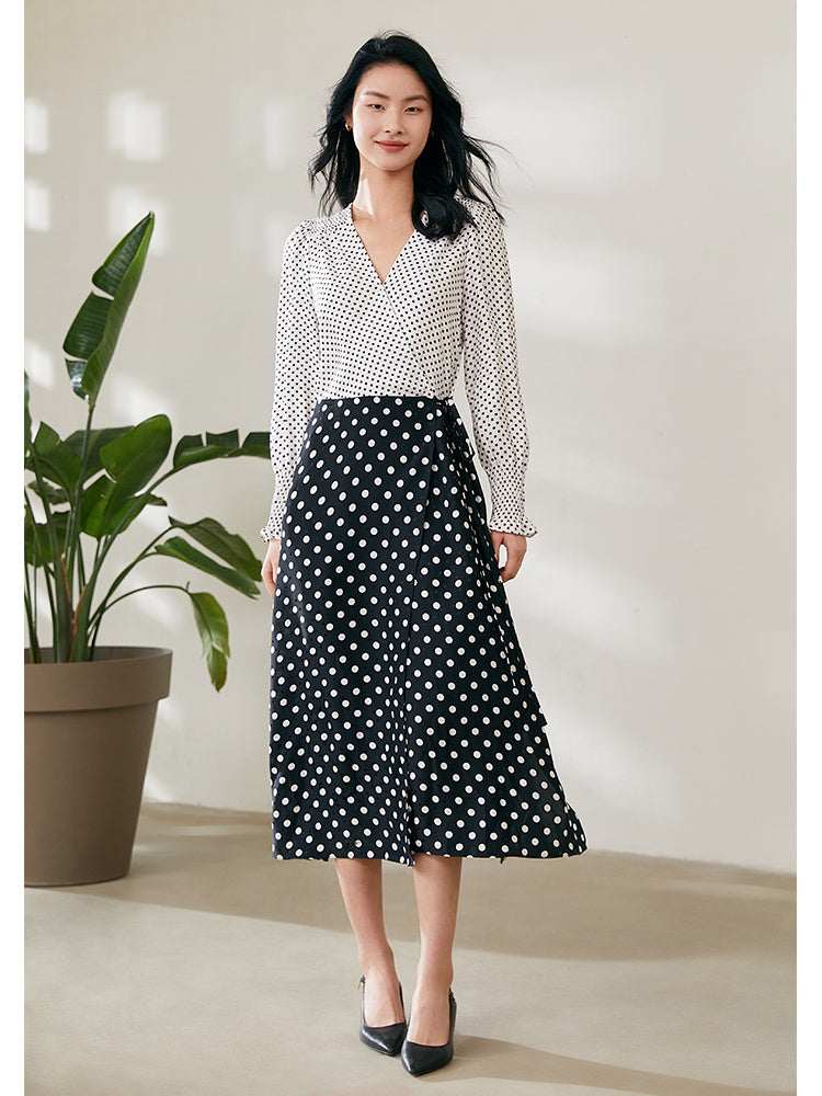 Polka Dots Slim V-Neck Wrap Maxi Dress