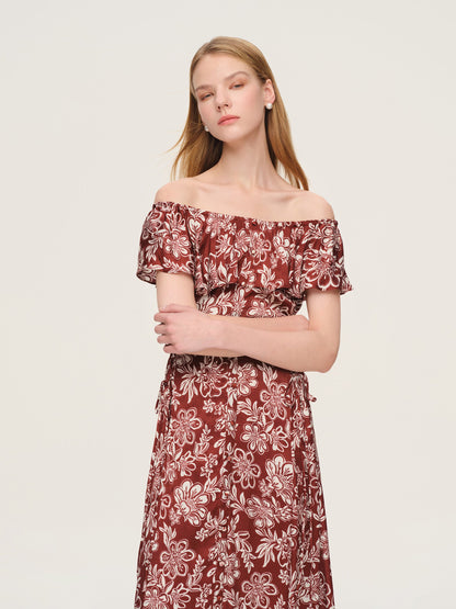 Marigold Floral Print Convertible Elastic Neck Women Maxi Dress
