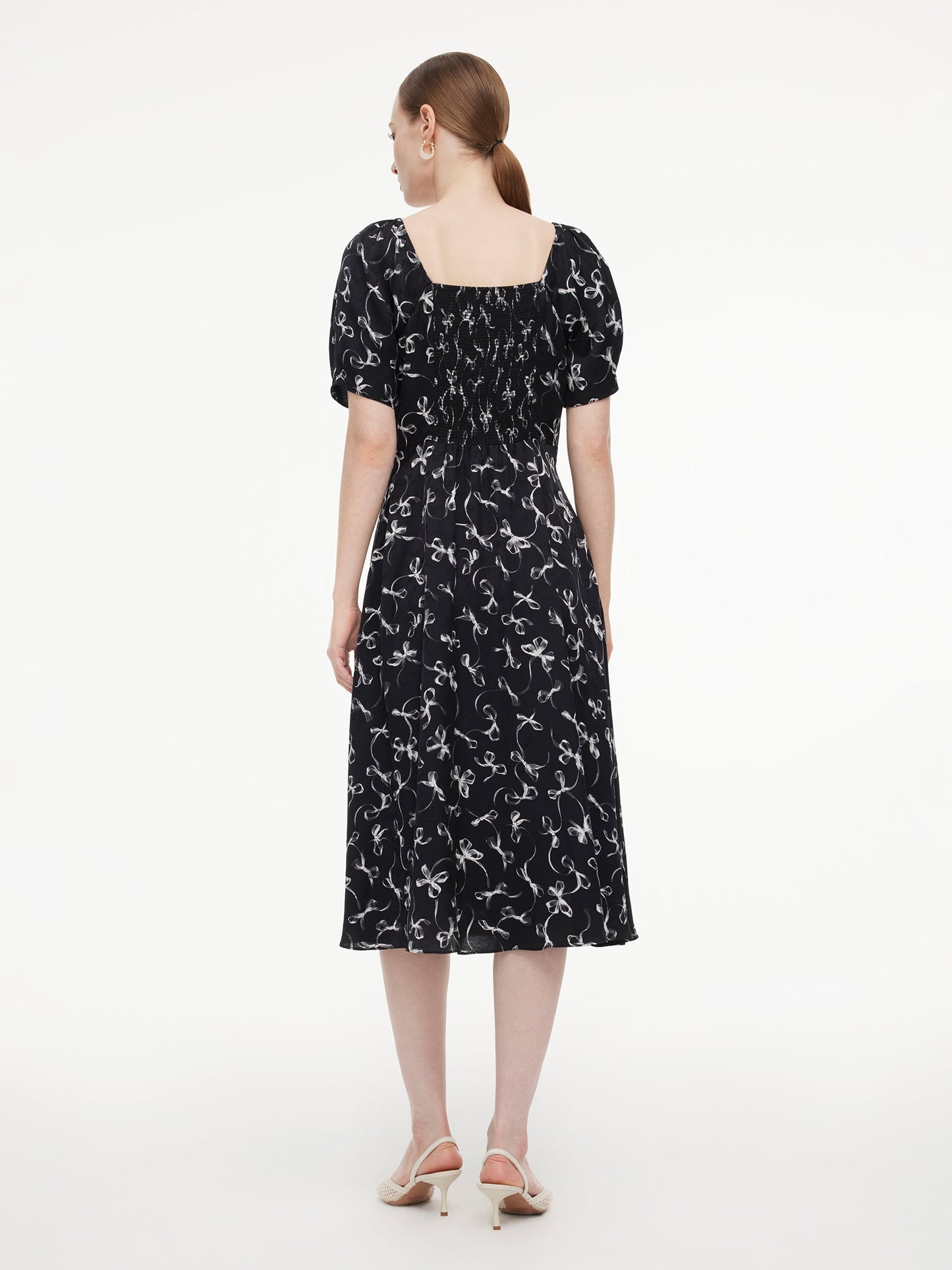 Ribbon Print Puff Sleeve Women Midi Dress