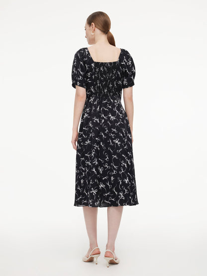 Ribbon Print Puff Sleeve Women Midi Dress