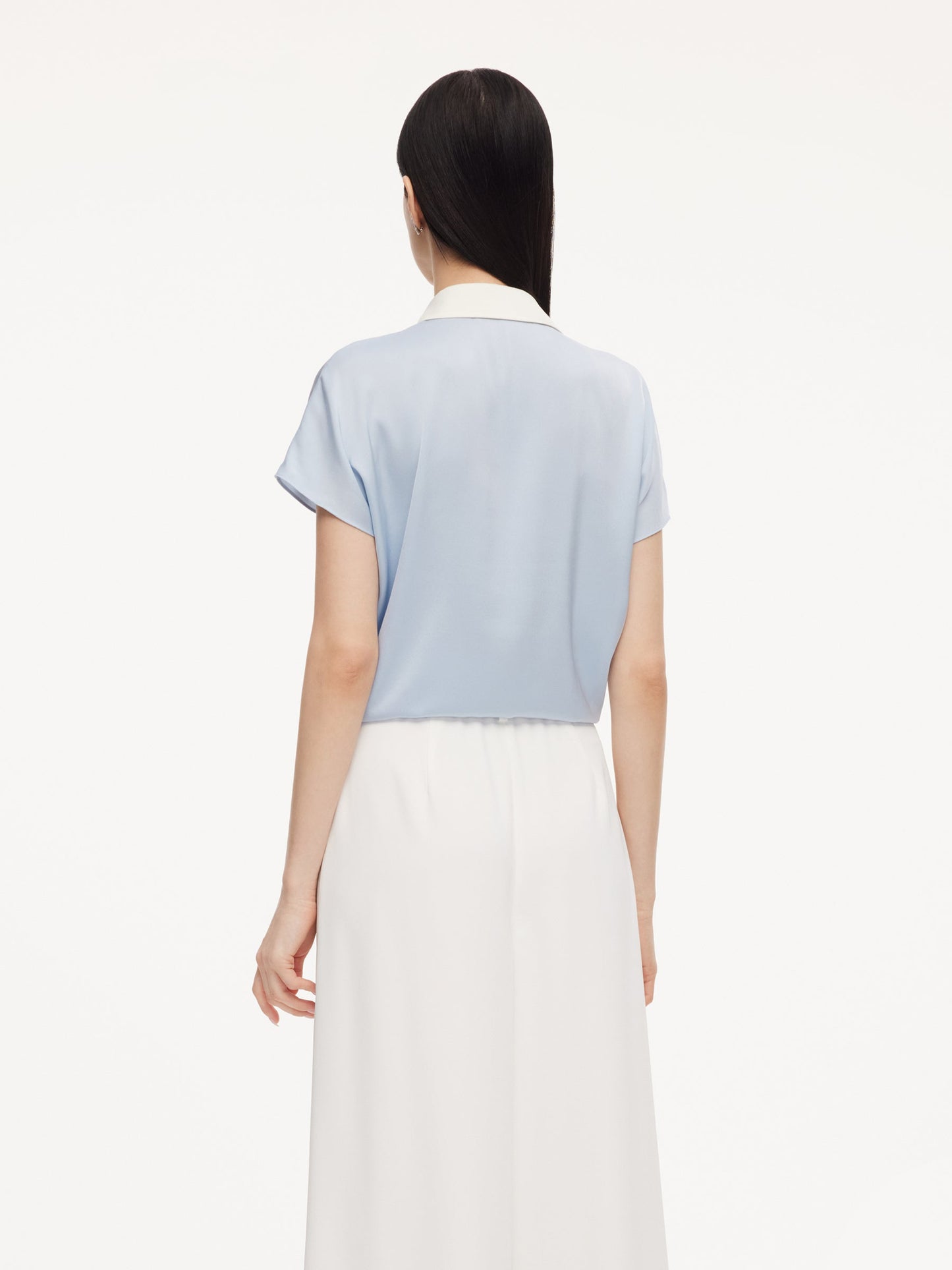 22MM Mulberry Silk Contrast Collar Tie Front Women Shirt