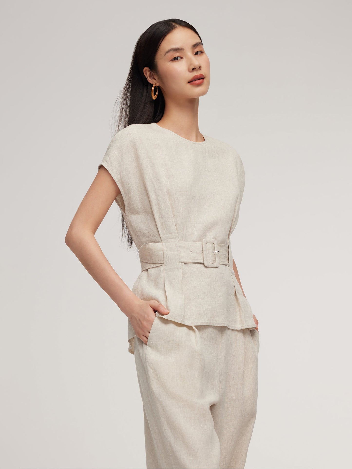 100% Linen Blouse And Pants Two-Piece Set