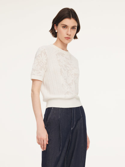 Lace Jacquard Round Neck Women Knit Top