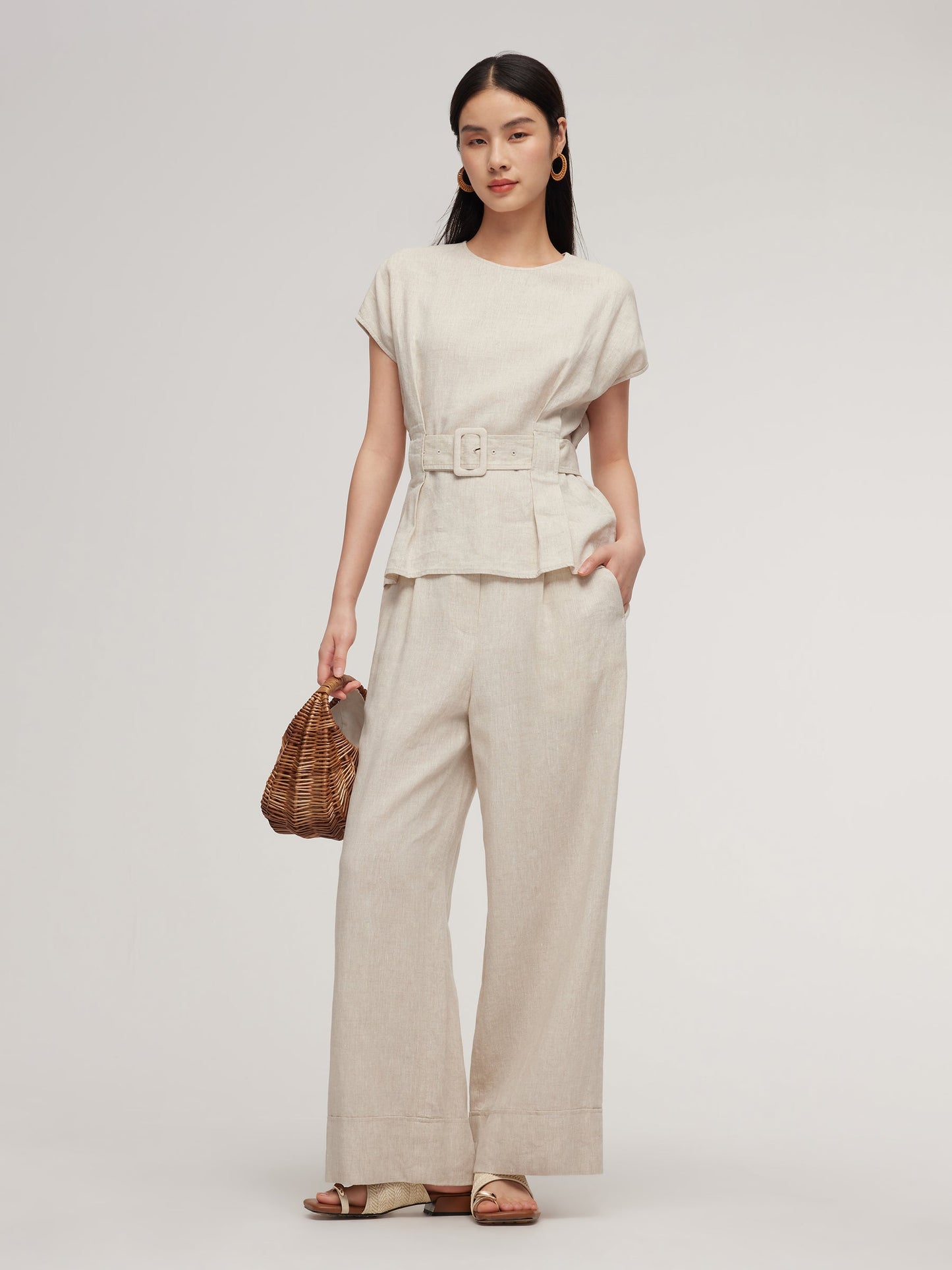 100% Linen Blouse And Pants Two-Piece Set