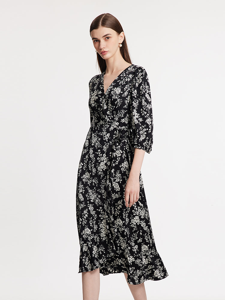 Camellia Print V-Neck Ruffle Hem Women Midi Wrap Dress