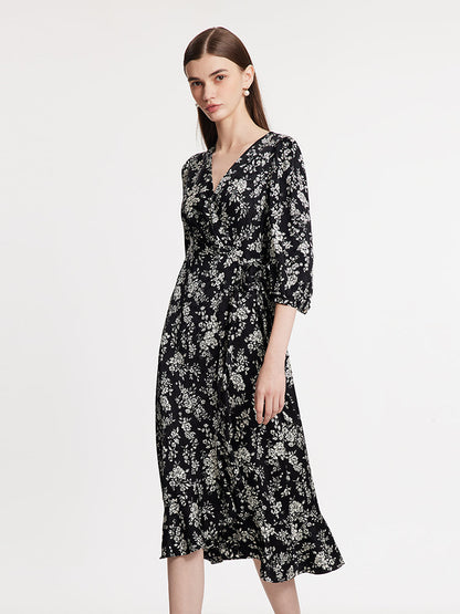 Camellia Print V-Neck Ruffle Hem Women Midi Wrap Dress