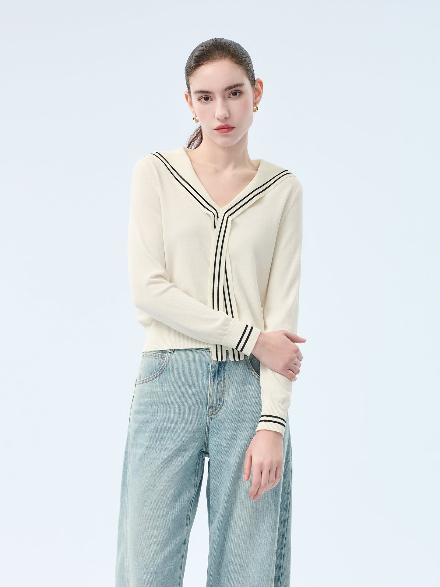 Tencel Blend Sailor Collar Women Knit Top