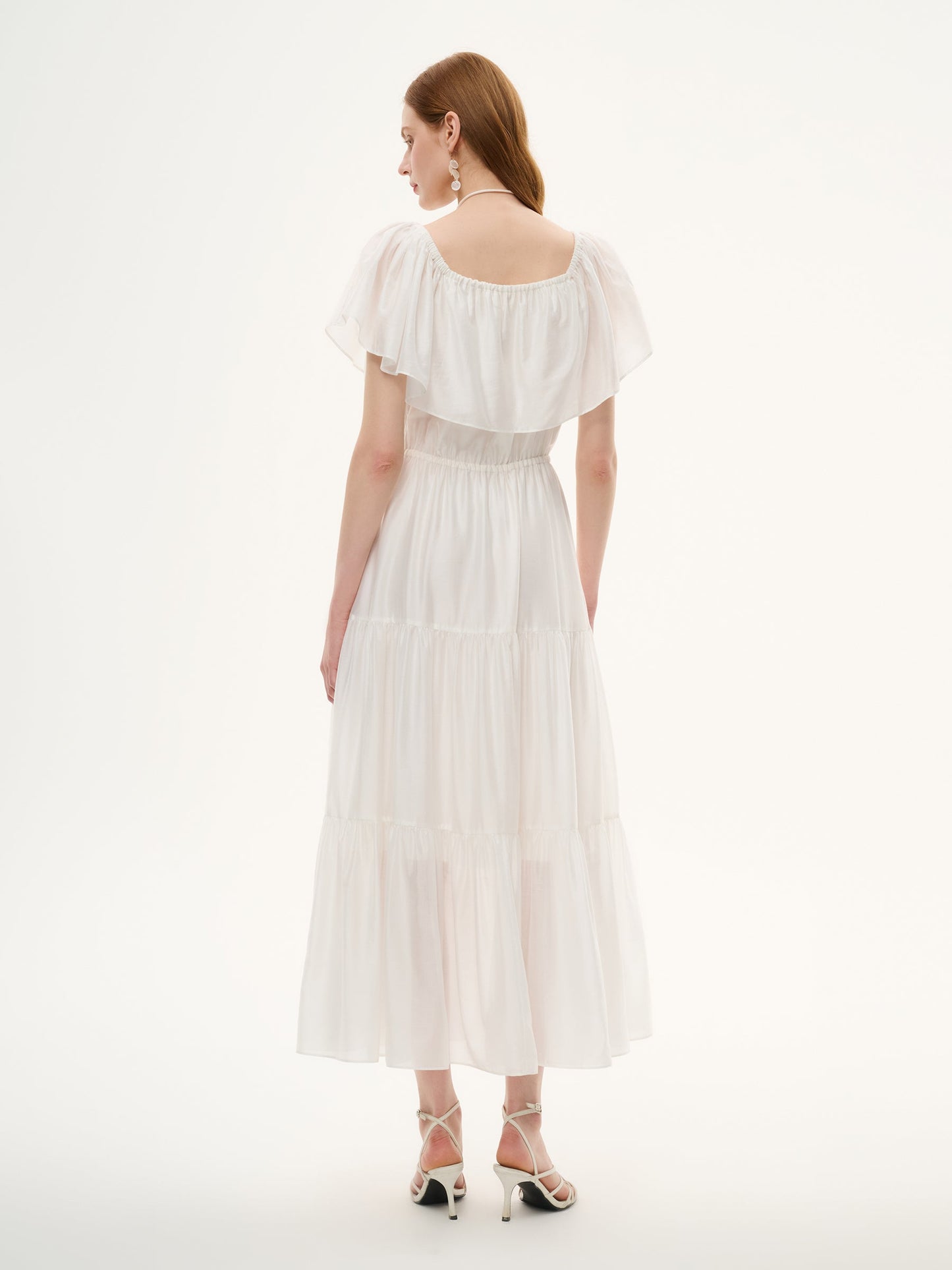 Tencel Blend Conovertible Neck Women Gathered Waist Maxi Dress With Floral Ribbon