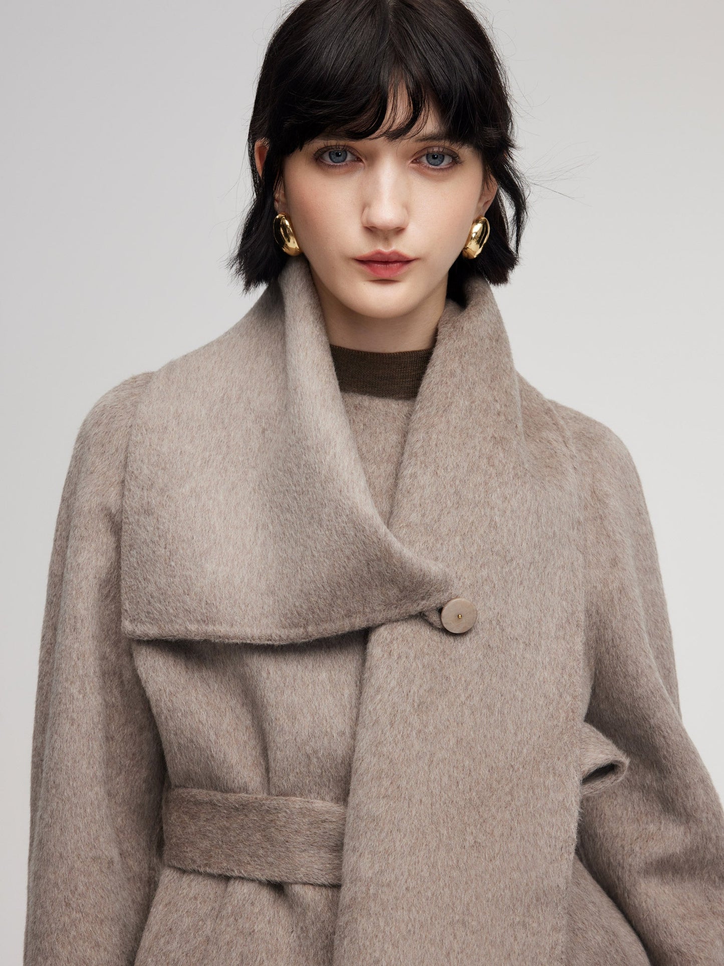 Alpaca Wool Blend Double-Faced Women Wrap Coat With Scarf