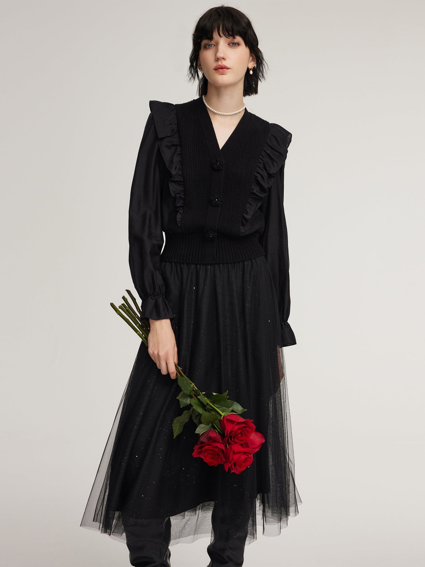 Tencel Wool Blend Long Sleeve Knit Top And Sequins Skirt Two-Piece Set