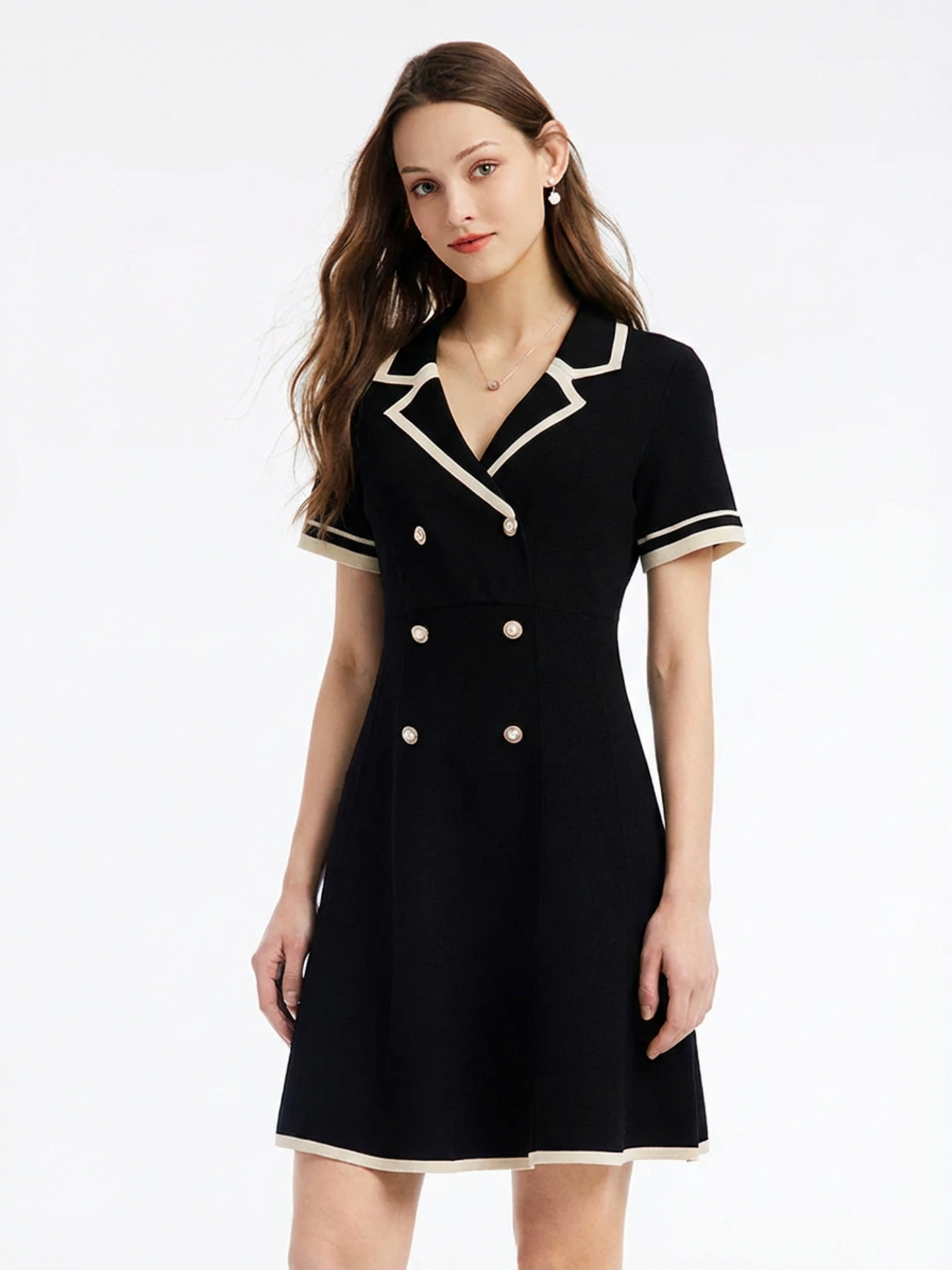 Tencel Blend Contrast Trim Women Lapel Knit Mini Dress