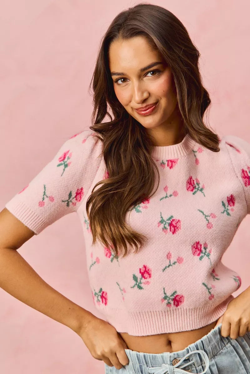 SO ME Floral Pattern Knit Puff Sleeves Sweater Top