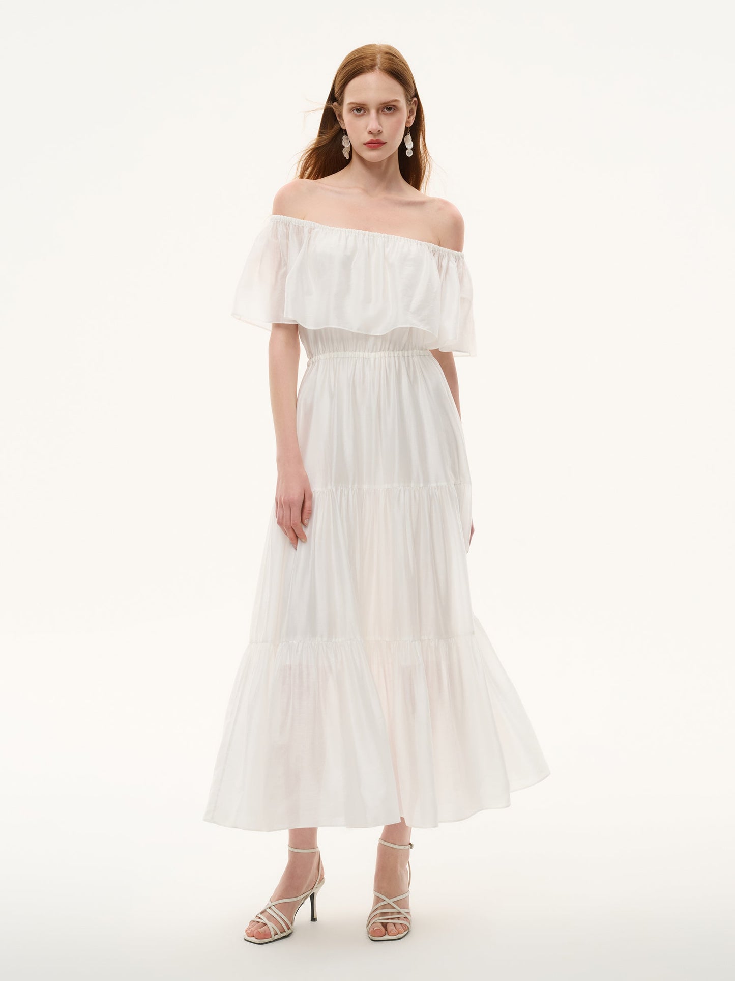 Tencel Blend Conovertible Neck Women Gathered Waist Maxi Dress With Floral Ribbon