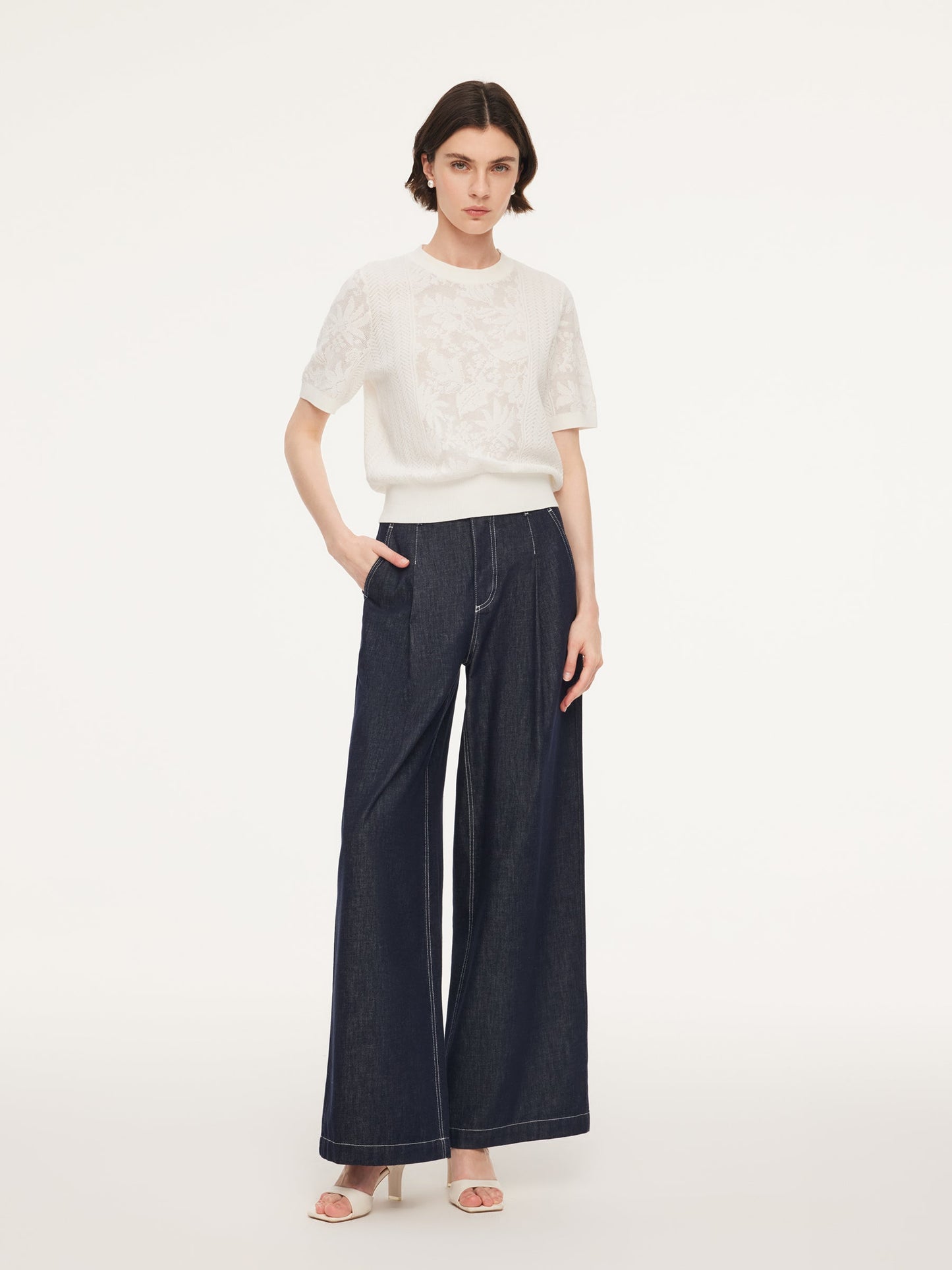 Lace Jacquard Round Neck Women Knit Top