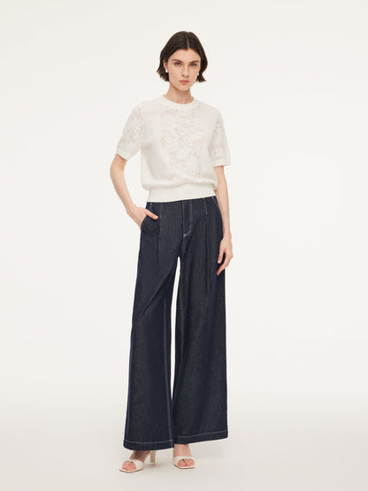 Lace Jacquard Round Neck Women Knit Top