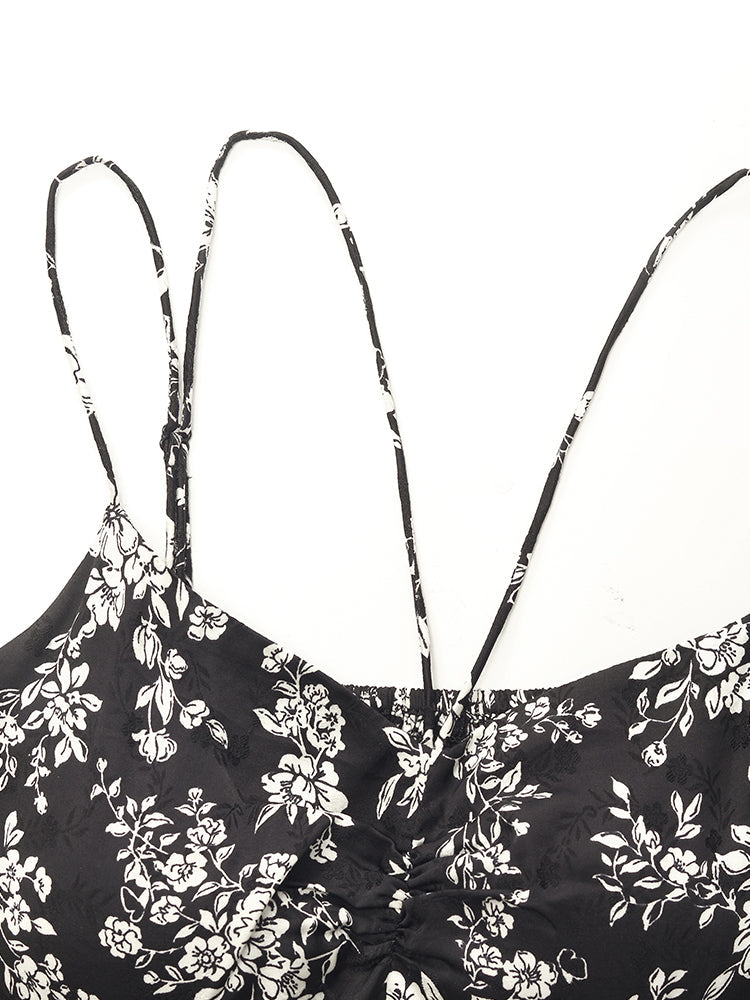 Camellia Print Spaghetti Strap Women Midi Dress