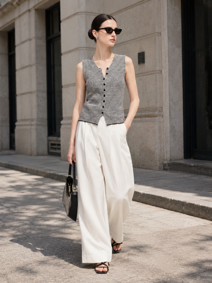 Cotton Blend Black And White Stripe Women Knit Vest
