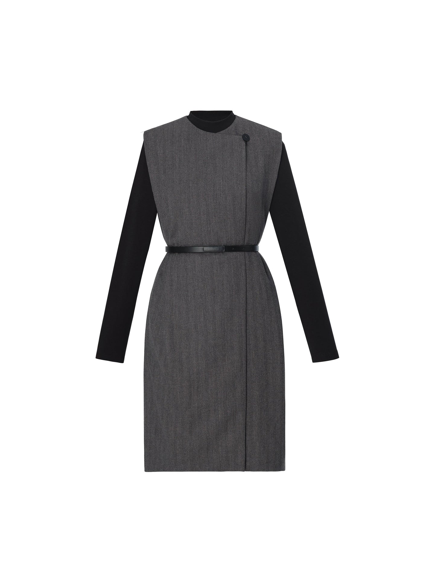 100% Wool Vest And Knit Dress Two-Piece Set With Belt