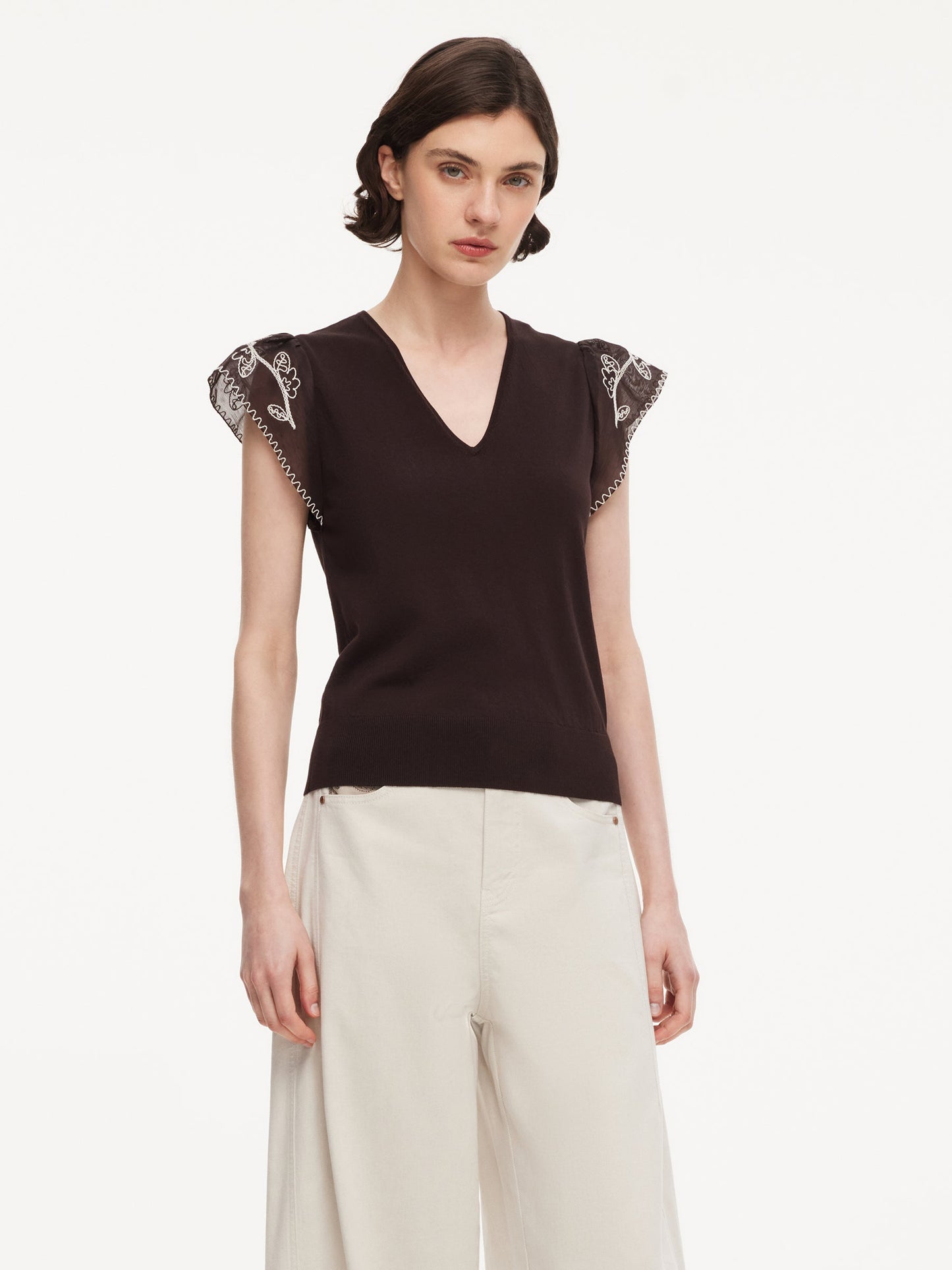 Lyocell Blend V-Neck Women Embroidered Sleeve Knit Top