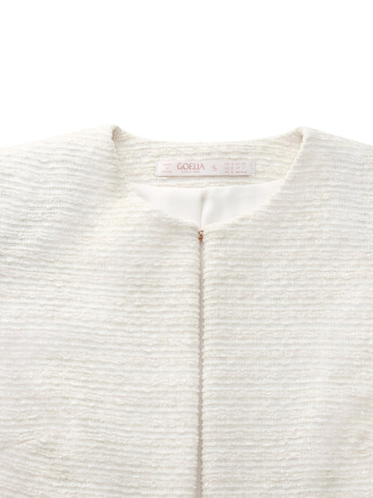 Tweed Round Neck Frayed Hem Women Cropped Jacket