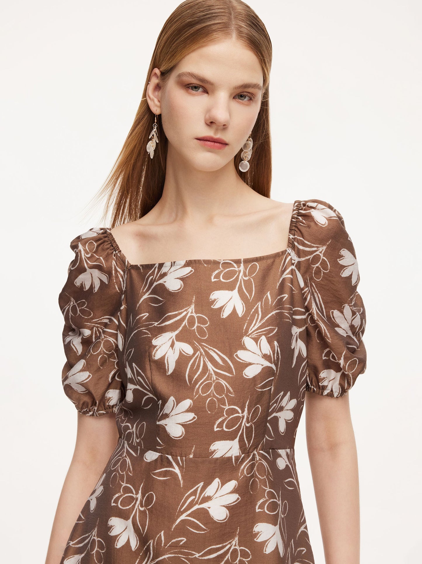 Tencel Blend Floral Print Square Neck Women Midi Dress
