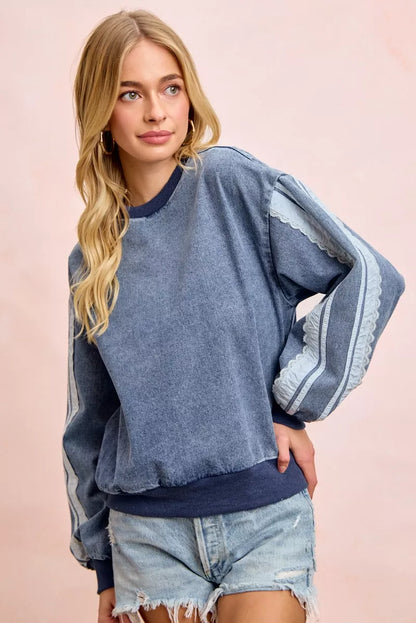 BiBi Washed Denim Lace Contrast Sided Sweatshirt