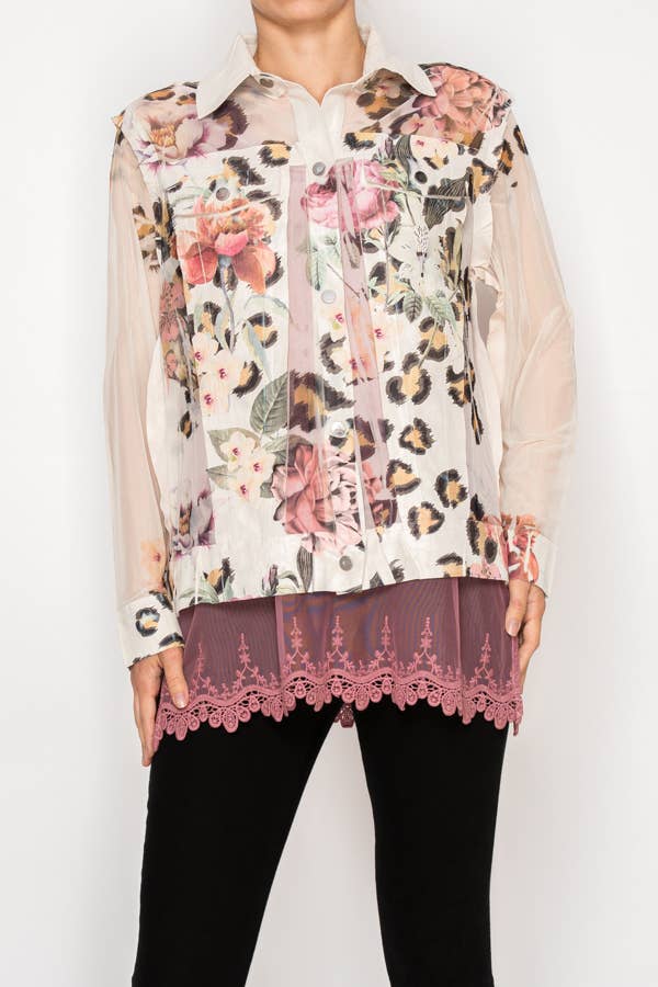 Faux Suede Mesh Trimmed Detailed Jacket - 4820BG-LEO FL: LEO FL / L