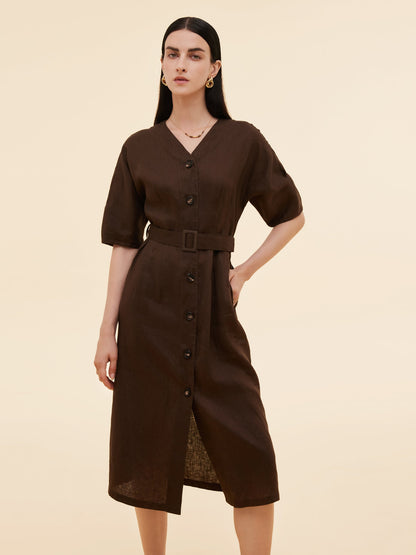 100% Linen Women V-Neck Midi Dress With Belt