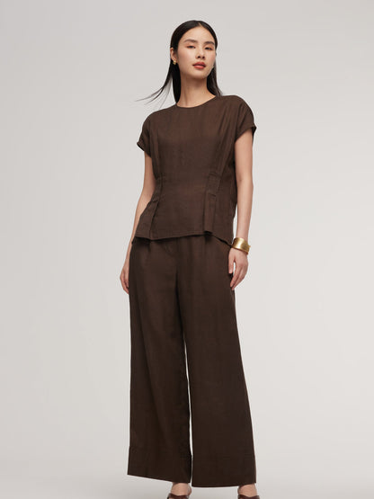 100% Linen Blouse And Pants Two-Piece Set