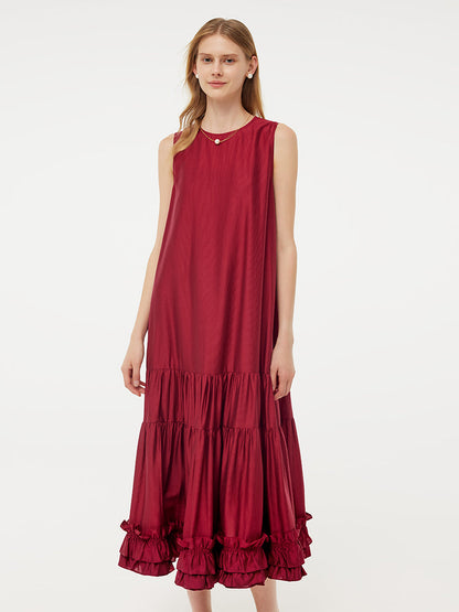 Tencel Ruffle Hem Women Tiered Vest Midi Dress With Slip Dress And Belt