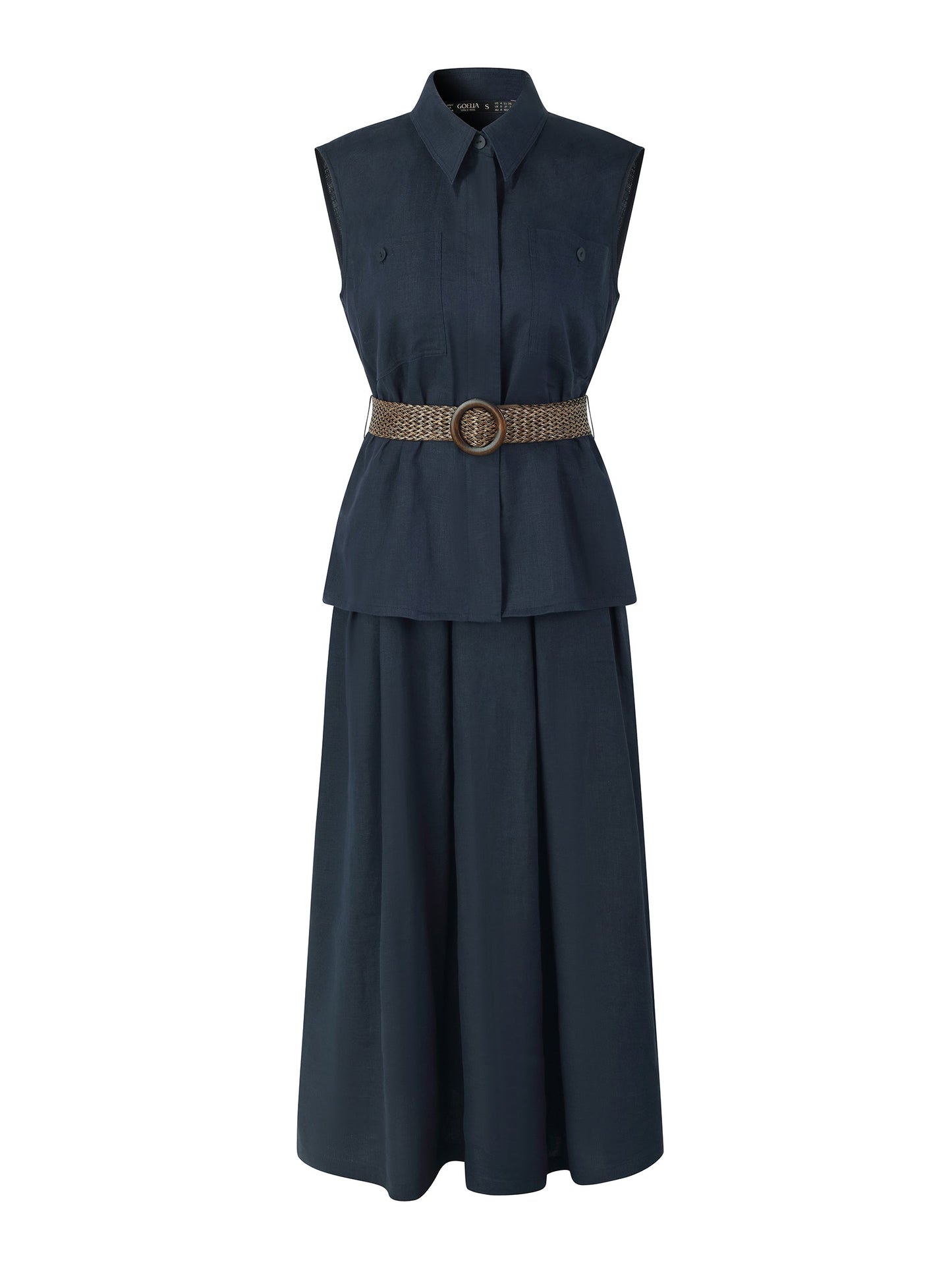 100% Linen Sleeveless Blouse And Skirt Two-Piece Set With Braided Belt