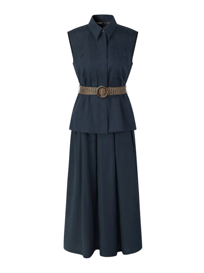 100% Linen Sleeveless Blouse And Skirt Two-Piece Set With Braided Belt